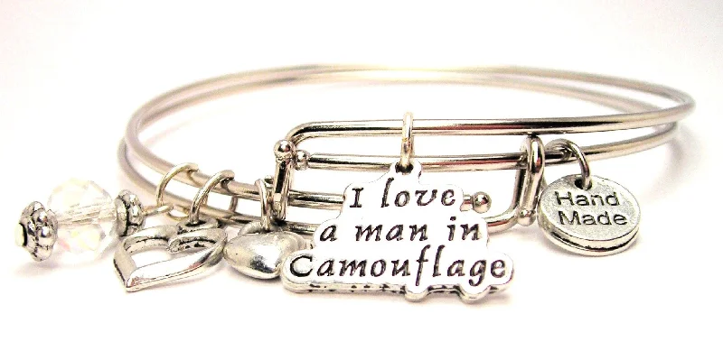 Leaf charm bangles-I Love A Man In Camouflage Expandable Bangle Bracelet Set