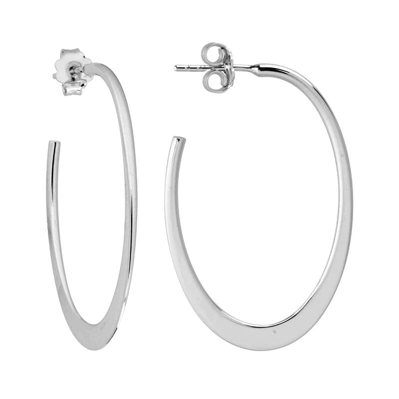 Wide cuff earrings-Sterling Silver Flat Oval Hoop Earrings