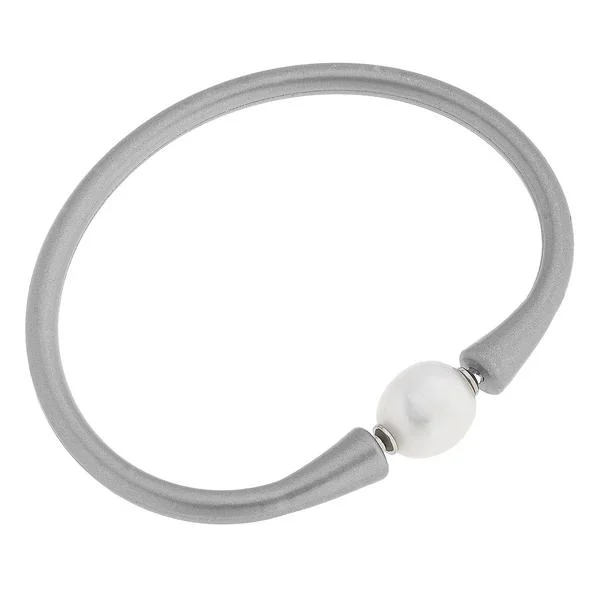 Topaz stone bangles-Metallic Silver Bali Freshwater Pearl Silicone Bracelet