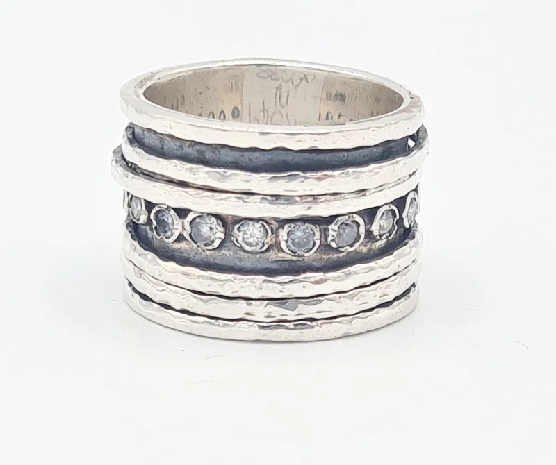 Alloy metal rings-Yaron Morhaim Sterling Silver Cubic Zirconia Hammered Spinning Ring