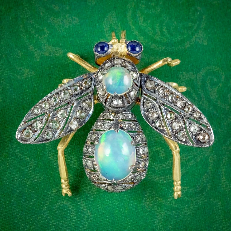 Rose gold brooch-Edwardian Style Opal Diamond Sapphire Bee Brooch Silver 18ct Gold