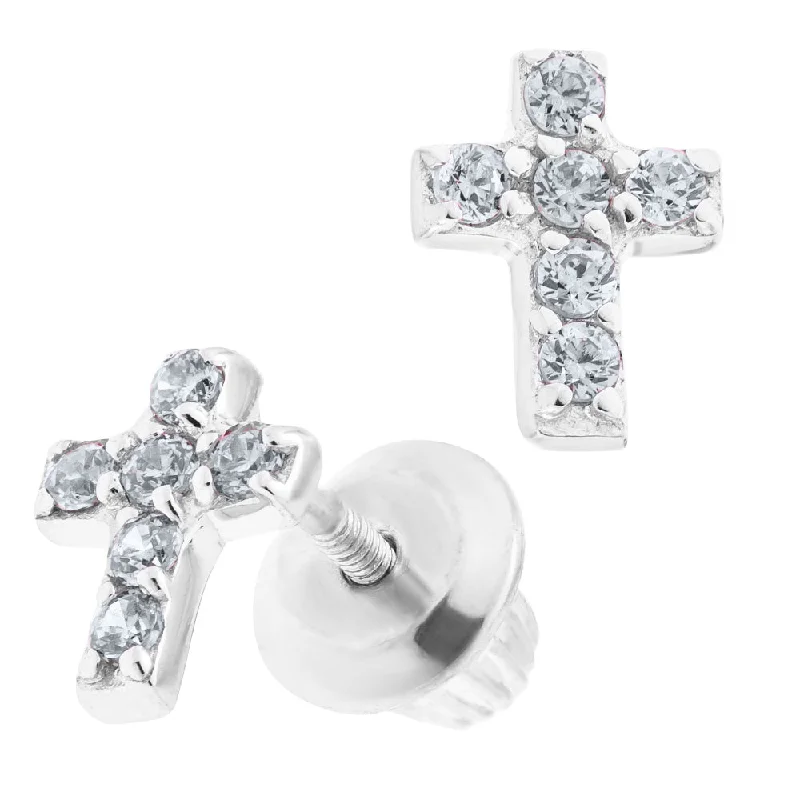 Surf motif earrings-Children's Silver CZ Cross Earrings