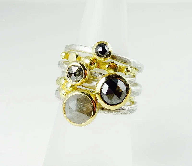 Tiered design rings-Rose Cut Black Diamond Ring in 18ct Gold and Silver