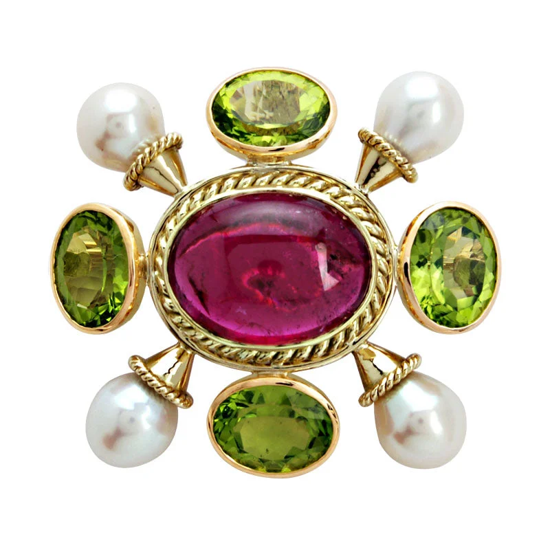 Sleek bar brooch-Brooch- Peridot, Pearl And Rubellite