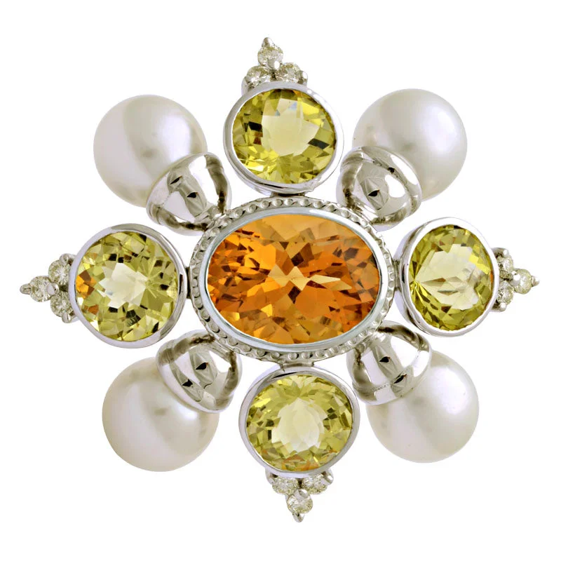 Petal design brooch-Brooch-Citrine, Lemon Quartz, South Sea Pearl and Diamond