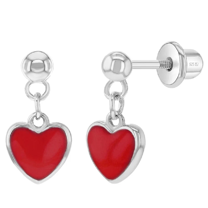 Tiered dangle earrings-Children's Sterling Silver & Red Enamel Heart Dangle Screwback Earrings