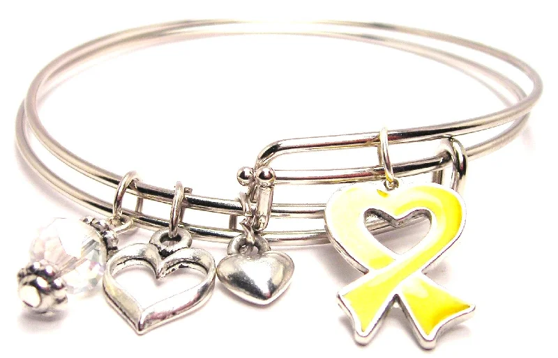 Elegant design bangles-Hand Painted Heart Shaped Awareness Ribbon Yellow Expandable Bangle Bracelet Set