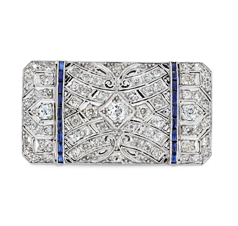 Sapphire gem brooch-Art Deco Diamond and Sapphire Pendant Brooch