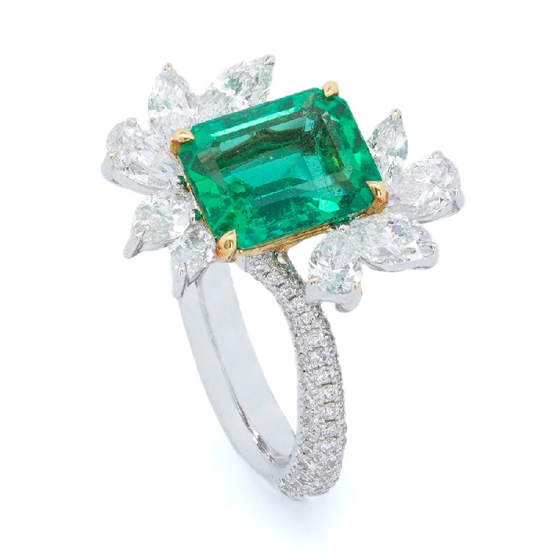 Owl motif rings-Intense Green Zambian Emerald Ring with Diamonds