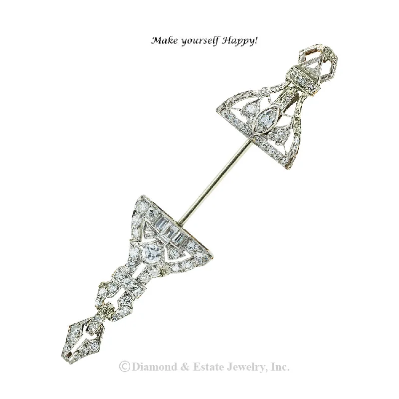 Wide gold brooch-Art Deco Jabot Diamond Platinum Brooch