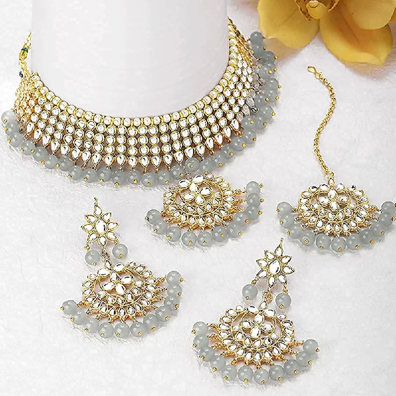 Mystic eye necklaces-Etnico 18K Gold Plated Traditional Kundan & Pearl Studded Choker Necklace Jewellery Set with Earrings & Maang Tikka For Women (K7058) (Grey)