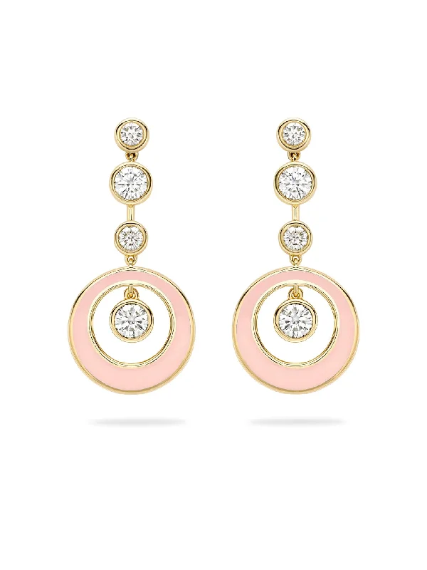 Swirl shape earrings-Raindance Diamond Pink Enamel Yellow Gold Earrings