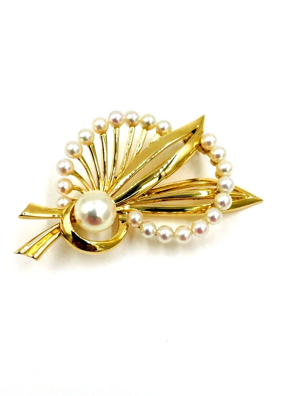 Bold druzy brooch-1950s Mikimoto Pearl Yellow Gold Brooch