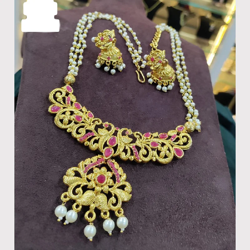 Polished bead necklaces-Kavita Art Gold Plated Pota Stone And Pearl Long Necklace Set