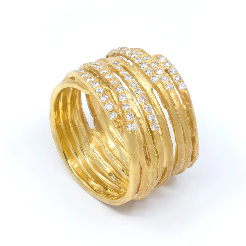 Worn lock rings-Textured Gold Overlap Multi Band Ring with Diamonds