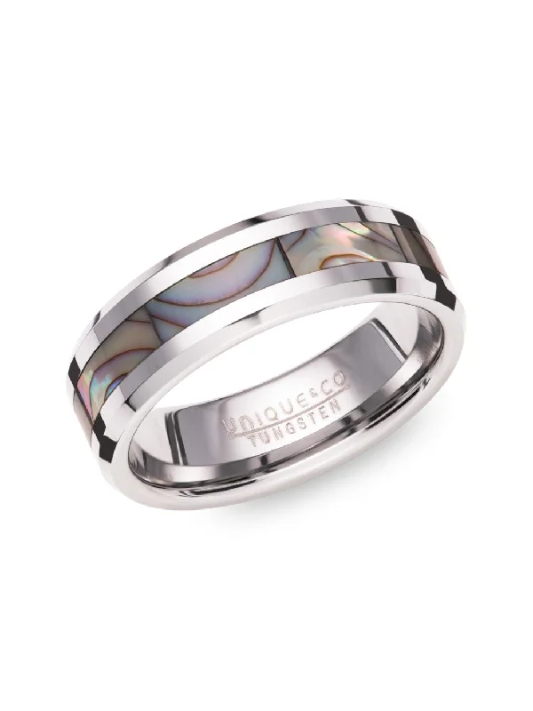 Wide geometric rings-Unique & Co Abalone Shell Inlay Tungsten Ring