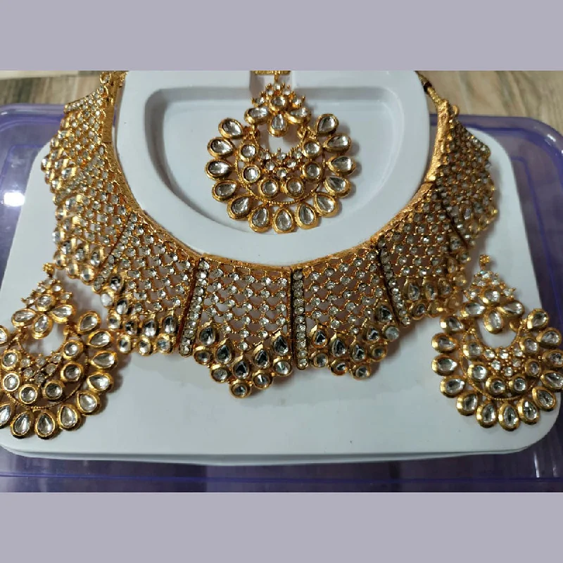 Lapis gem necklaces-Neetu Art Gold Plated Kundan Stone Choker Necklace Set With Maangtikka