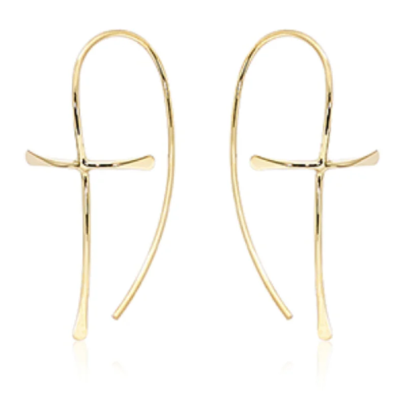 Tiny heart earrings-14k Gold Cross Threader Earrings