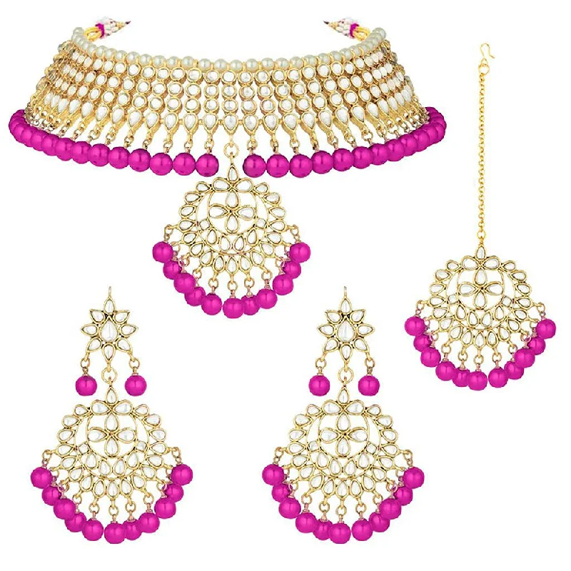 Thin-line necklaces-Etnico 18K Gold Plated Traditional Kundan & Pearl Studded Choker Necklace With Earrings and Maang Tikka Set (K7058Q)