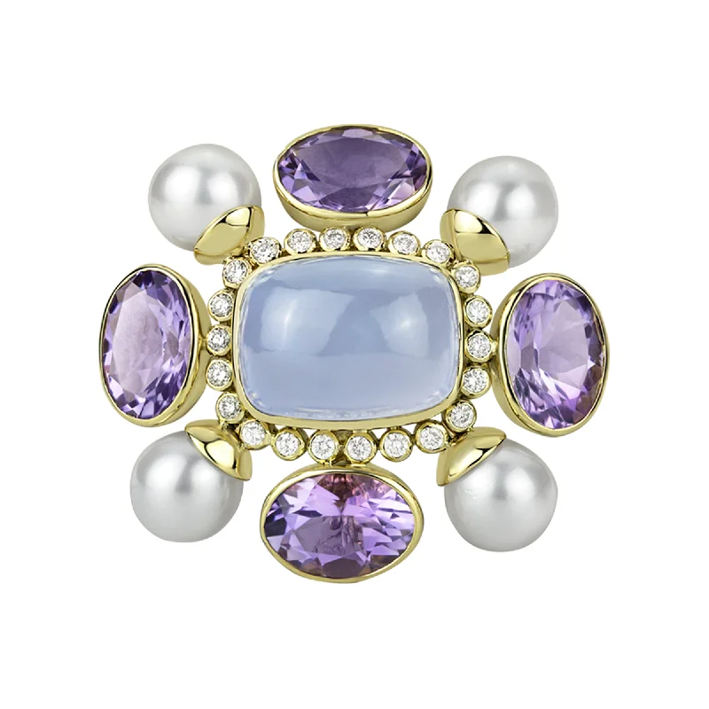 Rose gold brooch-Brooch- Amethyst, Chalcedony, Pearl And Diamond