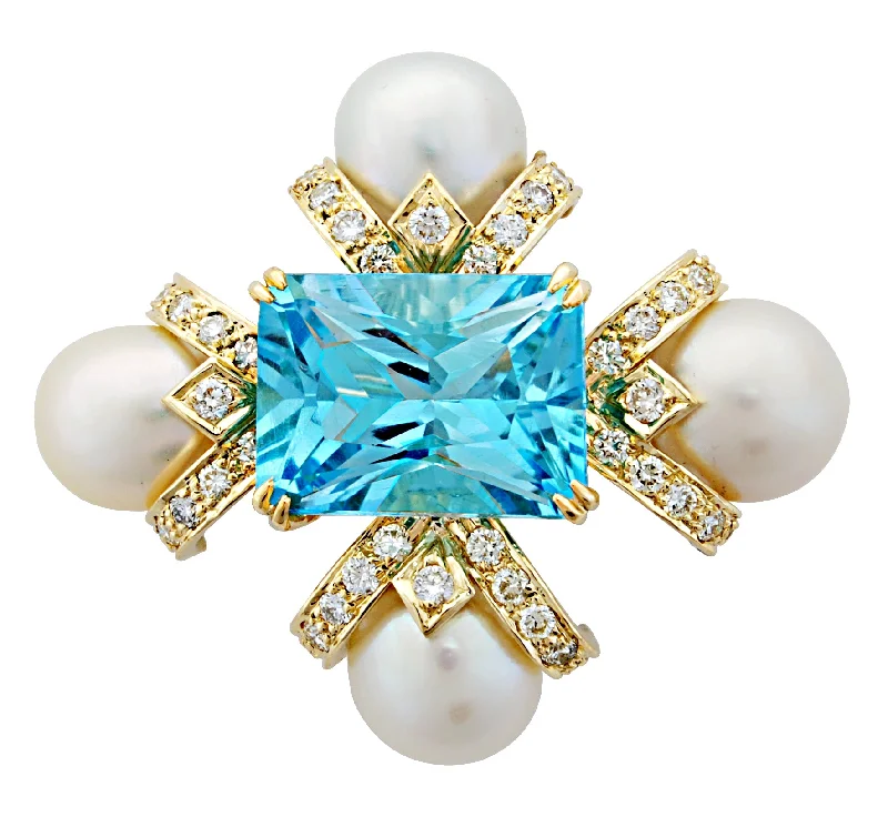 Cluster gem brooch-Brooch - Blue Topaz, Pearl And Diamond