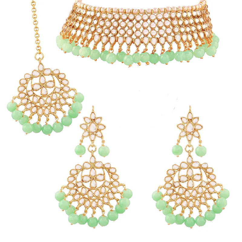 Fiber tassel necklaces-Etnico 18K Gold Plated Traditional Handcrafted Kundan & Pearl Studded Choker Necklace Jewellery Set with Earrings & Maang Tikka (K7075Min-1)