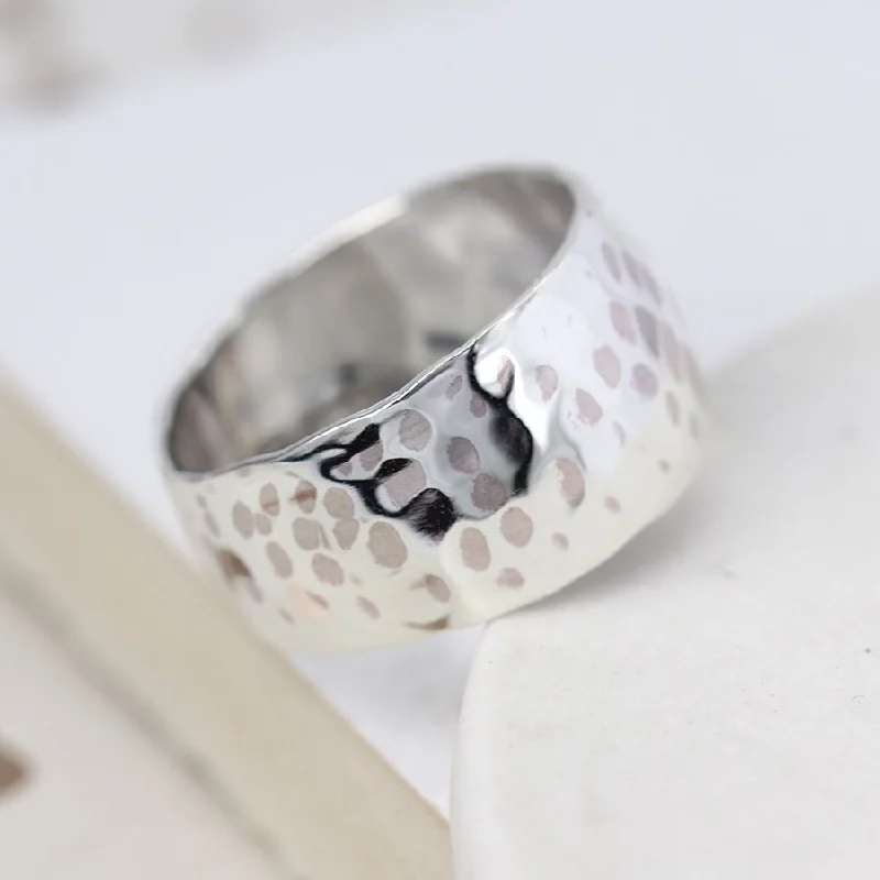 Etched name rings-POM Sterling Silver Hammered Wide Band Ring