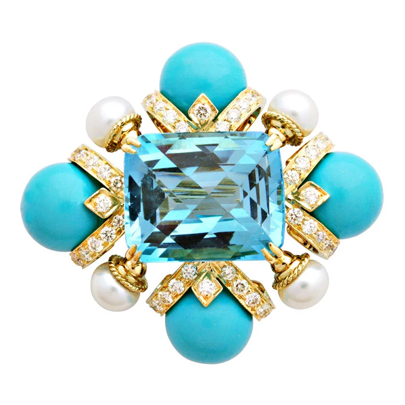 Bold gem brooch-Brooch-Blue Topaz, Turquoise, Pearl and Diamond