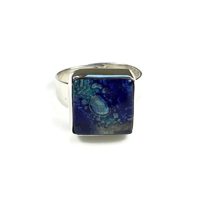 Surf design rings-Square Blown Glass Ring - Blue