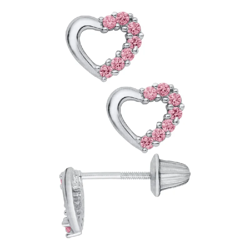 Aquamarine earrings-Children's Pierced Pink CZ Heart Earrings