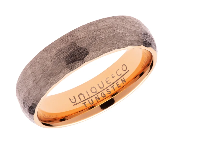 Bold geometric rings-Unique & Co 6mm Hammered Tungsten Carbide Ring with Rose IP Plating