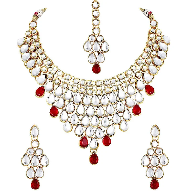 Tie-style necklaces-Etnico Traditional Gold Plated Stone Studded Bridal Choker Necklace Set Earrings & Maang Tikka For Women (IJ332R)