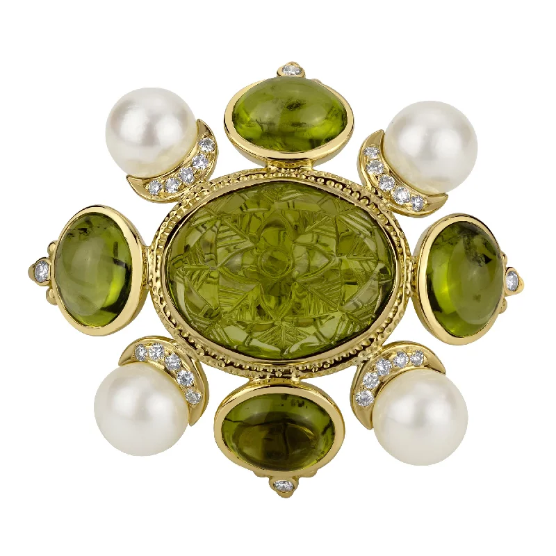 Emerald stone brooch-Brooch - Peridot, Pearl & Diamond