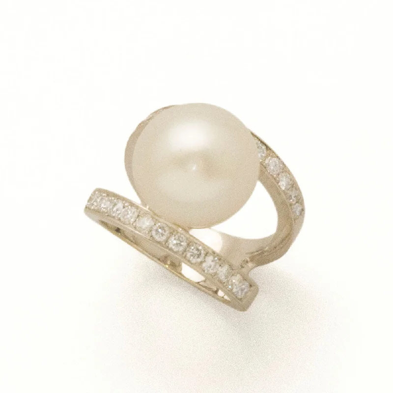 Sleek band rings-Double Shank South Sea Pearl Ring with Diamonds