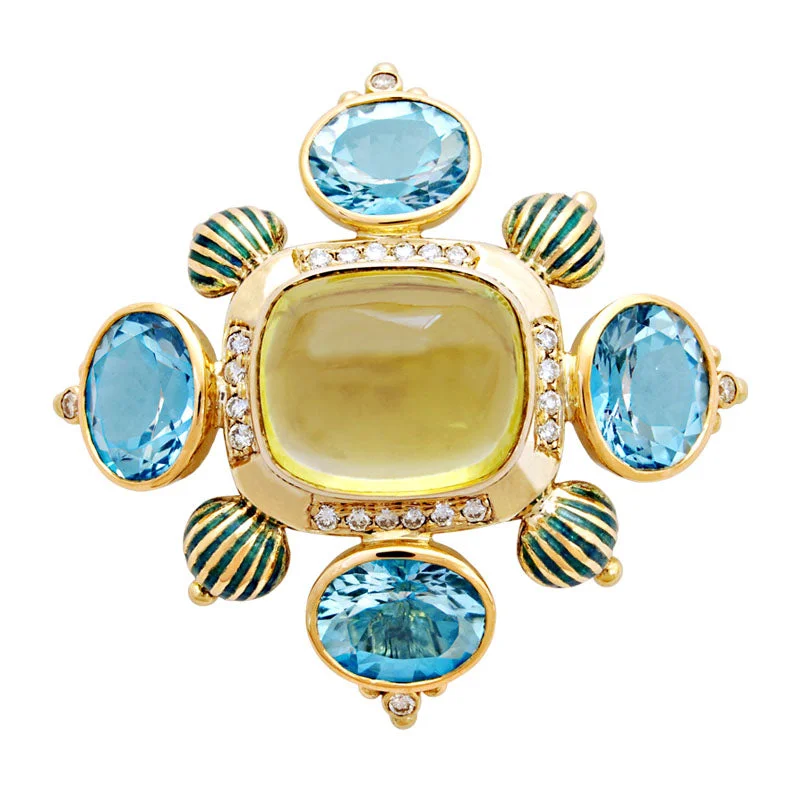 Matte finish brooch-Brooch-Lemon Quartz, Blue Topaz and Diamond (Enamel)