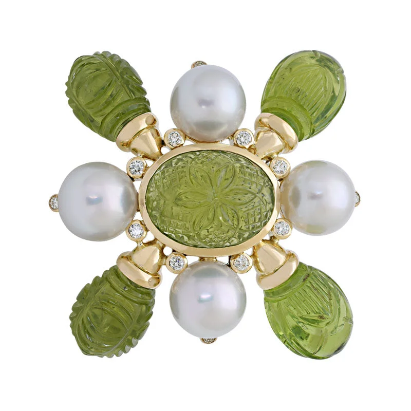 Bold druzy brooch-Brooch- Peridot, South Sea Pearl and Diamond