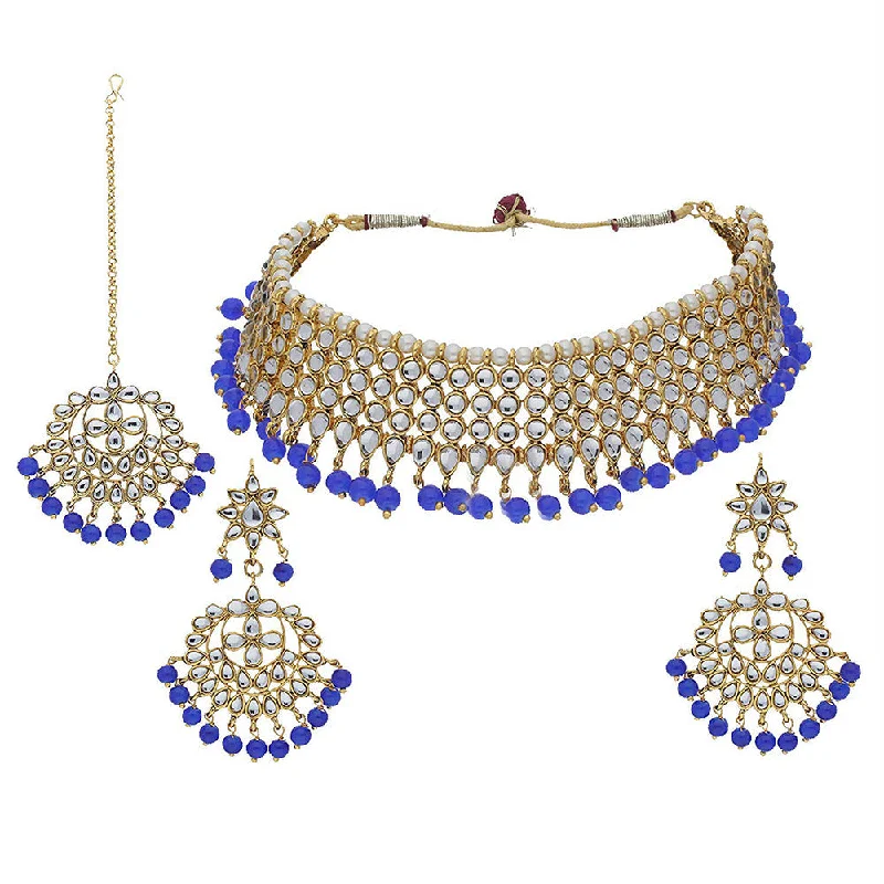 Wide chain necklaces-Etnico 18K Gold Plated Traditional Handcrafted Kundan & Pearl Studded Choker Necklace Jewellery Set with Earrings & Maang Tikka (K7075Bl)