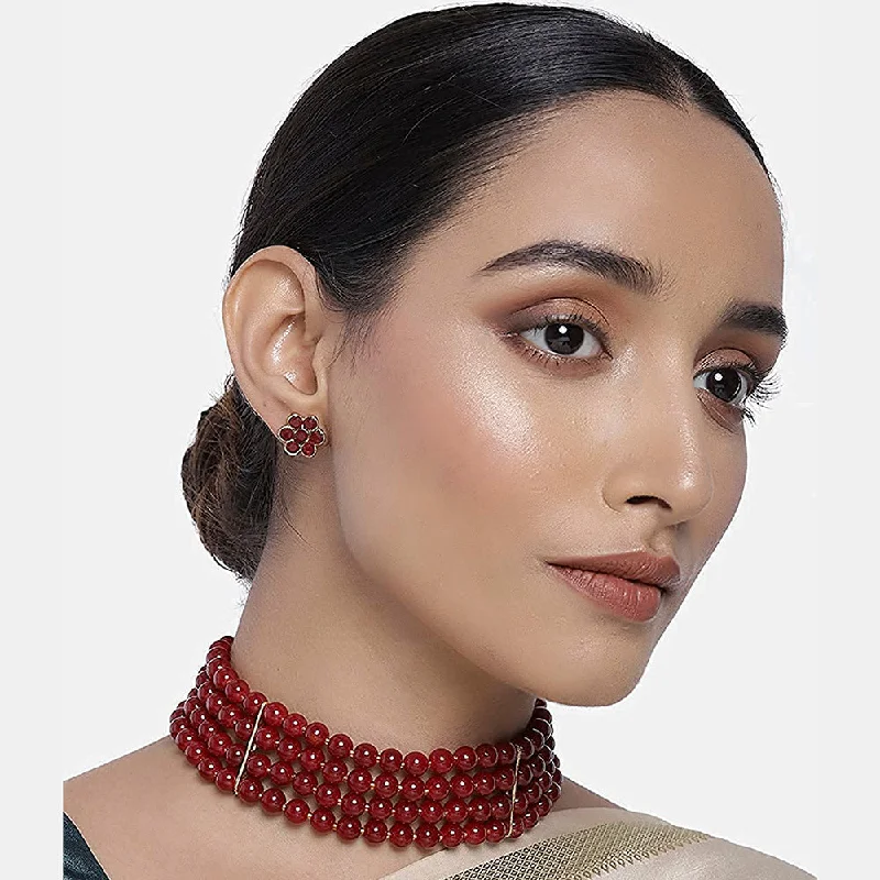 Radiant charm necklaces-Etnico 18k Gold Plated Traditional Maroon Pearl Beaded Stylish Moti Choker Necklace Jewellery Set with Stud Earrings for women (ML286M)