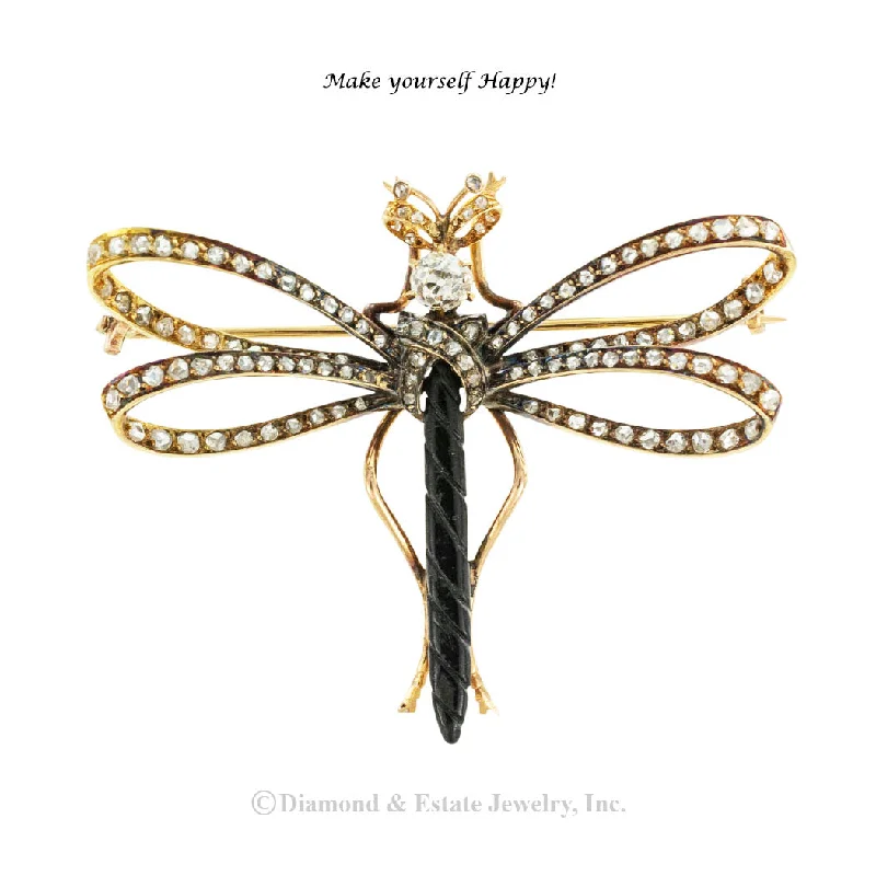 Beaded stone brooch-French Victorian Diamond Gold Dragonfly Brooch