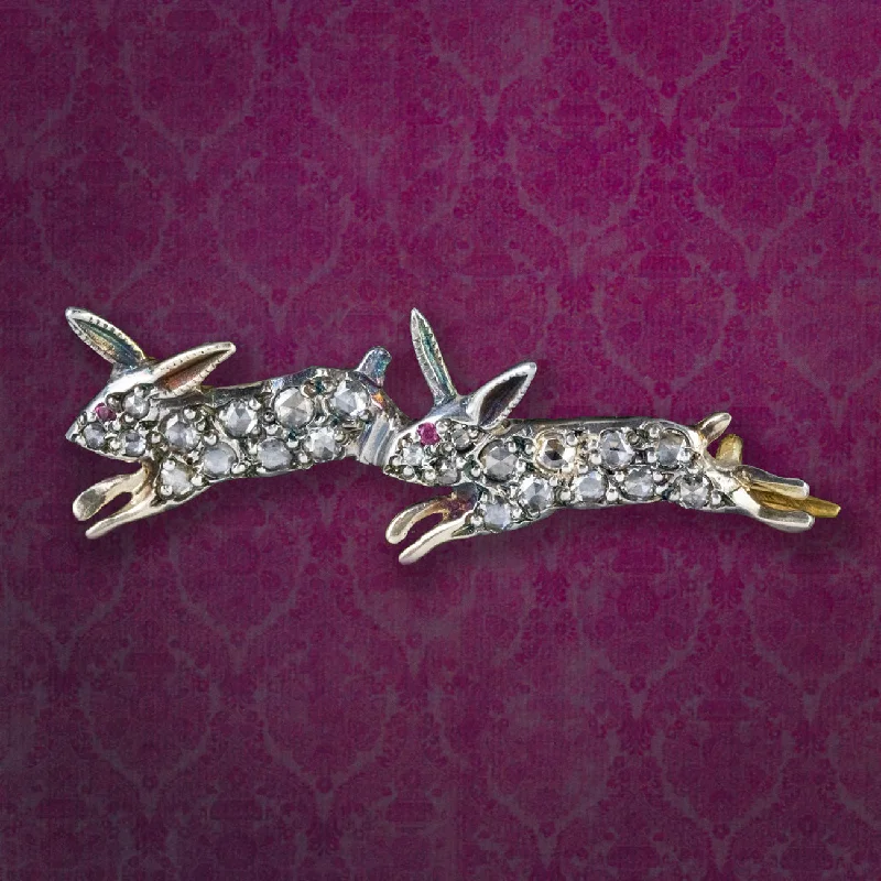 Raven feather brooch-Victorian Style Diamond Hare Brooch 18Ct Gold Silver Pin