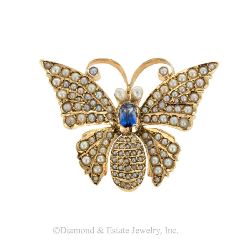 Faith charm brooch-Victorian Sapphire Seed Pearl Butterfly Yellow Gold Brooch Pendant