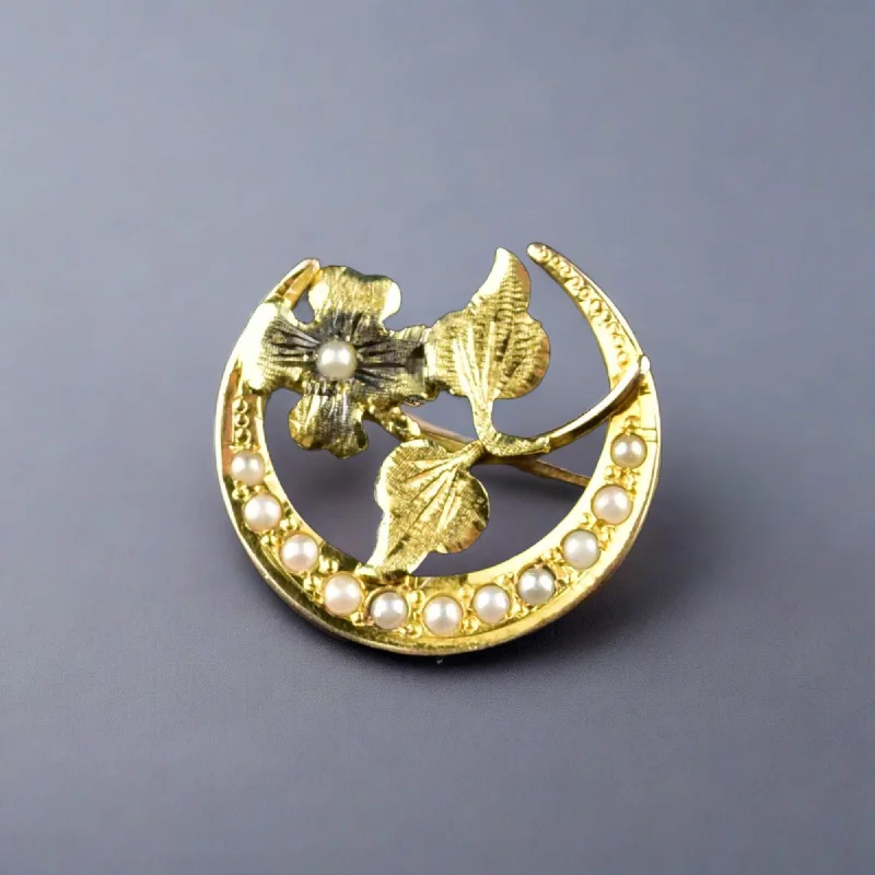 Victorian charm brooch-Antique 10K Gold Pearl Crescent Moon Flower Brooch