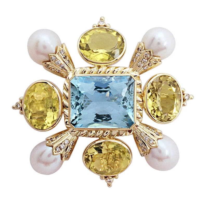 Plaited design brooch-Brooch - Aquamarine, Lemon Quartz, Pearl and Diamond