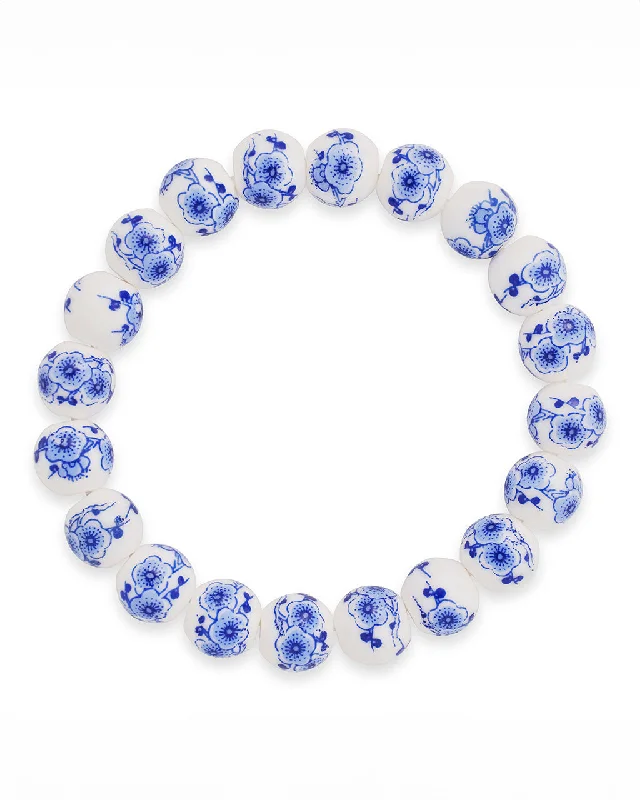 Victorian charm bangles-Blue Willow Beaded Stretch Bracelet