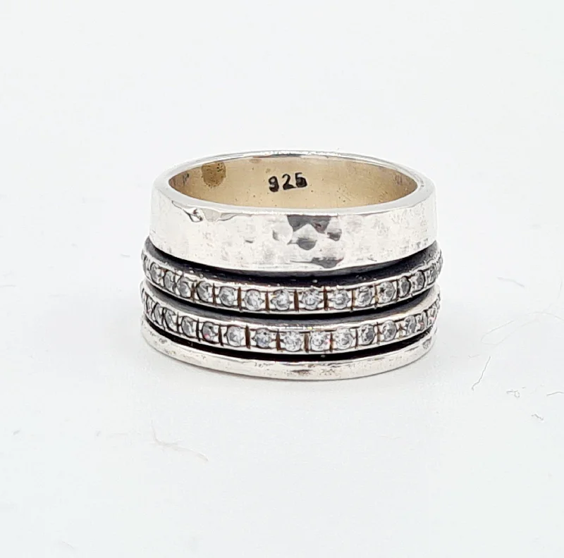 Linen cord rings-Yaron Morhaim Sterling Silver Band with Spinning Cubic Zirconia