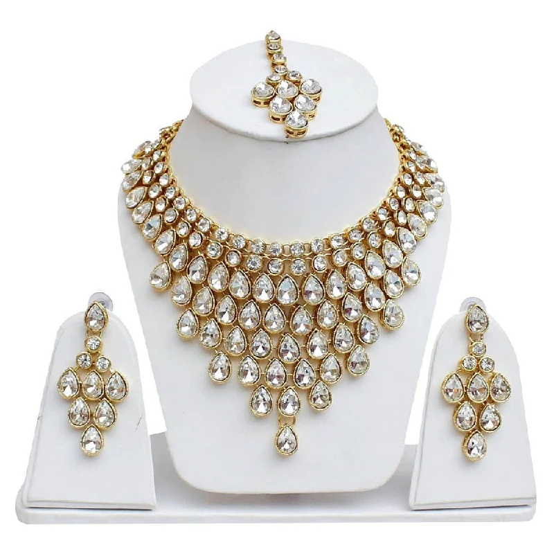 Vintage locket necklaces-India Art Gold Plated White Crystal Stone Necklace Set