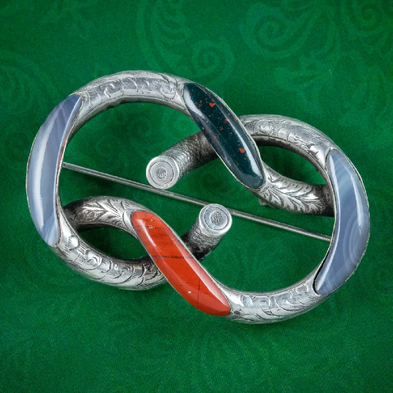 Elastic pin brooch-Antique Victorian Scottish Silver Agate Knot Brooch Circa 1860