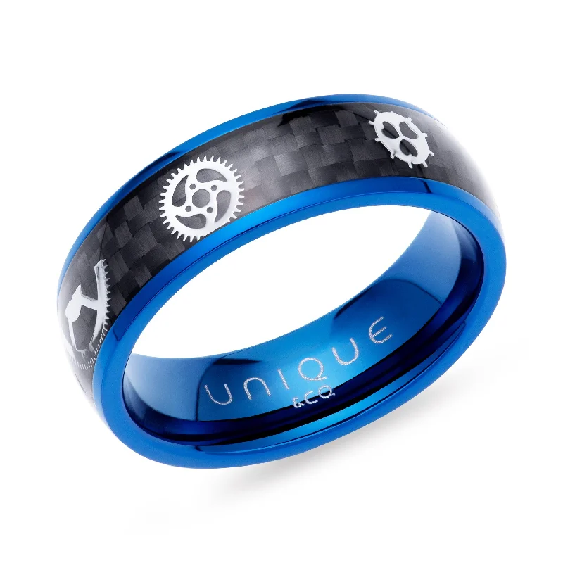 Pure crystal rings-Unique & Co Blue IP And Carbon Fibre Steel Band Ring