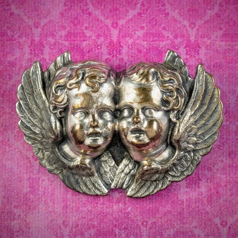 Smooth gem brooch-Antique Victorian Cherub Brooch Silver Gilt