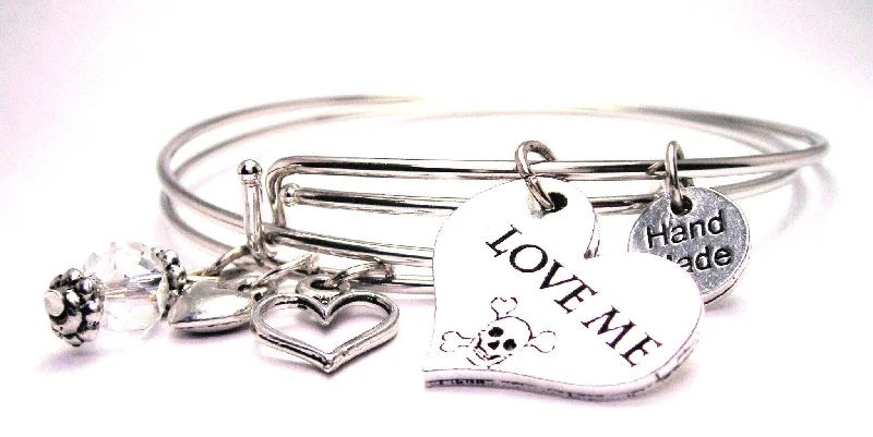 Polished silver bangles-Love Me With Skull And Crossbones Expandable Bangle Bracelet Set